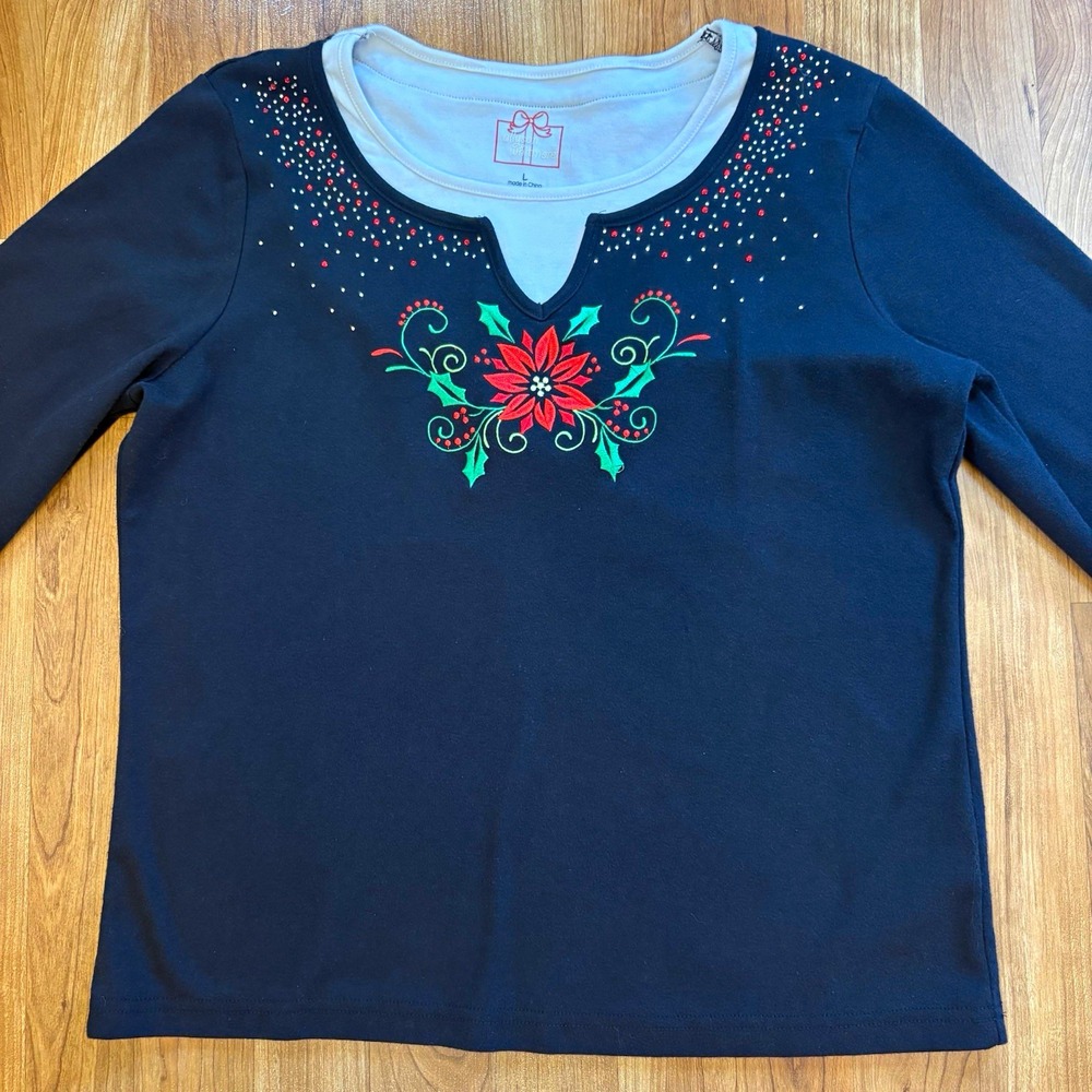 Allyson Whitmore Black Poinsettia Embroidered V-Neck 3/4 Sleeve Knit Top Women L